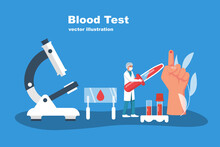 Doctor Hold Hand Sample Blood In Test Tube. Landing Page Medical. Laboratory Research Concept. Equipment For Analysis. Blood Donation. Vector Illustration Flat Design. Isolated On White Background.