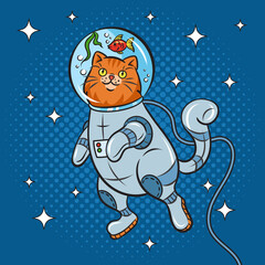 astronaut cat with aquarium instead of space helmet pop art retro vector illustration. Comic book style imitation.