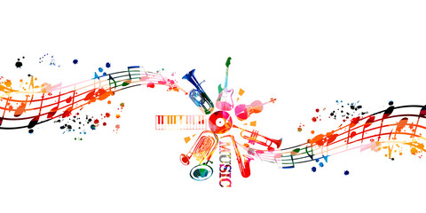 Wall Mural - Colorful musical promotional poster with musical instruments and notes isolated vector illustration. Artistic playful design with vinyl disc for concert events, music festivals and shows, party flyer