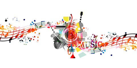 Colorful musical poster with musical instruments and notes isolated vector illustration. Artistic playful music design with vinyl disc for concert events, music festivals and shows, party flyer