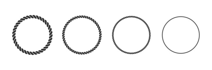 Round rope curve symbol set. Different thickness circular ropes set for decoration. Vector isolated on white. 