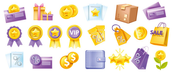 3D sale icon vector set, discount tag collection, special offer shop coupon, loyalty program gift, box. Online shopping website promotion badge kit, VIP card, bonus reward voucher. Isolated sale icon