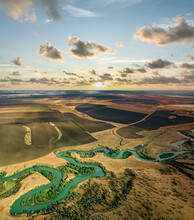 Summer Scenery Aerial View Of Winding River In Beautiful Valley At Sunset