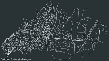 Detailed negative navigation white lines urban street roads map of the OPFINGEN DISTRICT of the German regional capital city of Freiburg im Breisgau, Germany on dark gray background