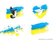 Ukrainian Flag Shape Of Dove Peace Set Watercolor Isolated On White Background. Watercolor Abstract Painting Ukrainian Flag In Heart.