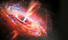 Illustration 3D A Black Hole Emitting A Jet Of High-energy Particles At The Center Of The Red Galaxy In Deep Space.