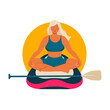 Pretty woman sit in lotus position on a stand up paddle board. SUP yoga. Vector illustration 