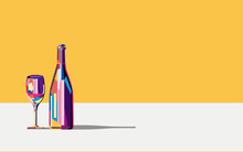 Vector Illustration Colorful Bright Bottle Of Wine And A Glass Of Wine Or Alcoholic Drink On A Yellow Background.