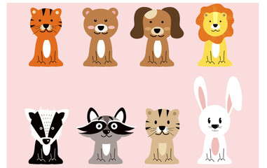  Set of funny little animals. Vector stock illustration. Badger, tiger, skunk, dog, raccoon, cat, rabbit, bear. pink background