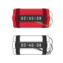 Red Dynamite With Digital Timer. Bomb Explosion With Clock Detonate And Wire. Destruction And Terror Concept. Dangerous Pyrotechnic Equipment. Vector Illustration In Flat Style. EPS 10.