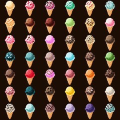 Ice cream cone pixel art set. Vector illustration.