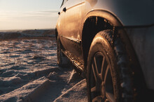 The Four-wheel Drive Car Of The Modern SUV Remains On The Side Of The Winter Road.