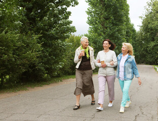 Three beautiful elderly women are walking in the park, having fun talking and drinking coffee.