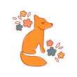 vector red fox cub profile sitting, decorative flowers leaves  around, simple cute illustration card for child