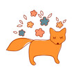 simple cute illustration card for child, vector red  fox cub profile stay, decorative flowers leaves  around, 