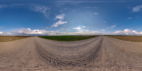 Wall Mural - full seamless spherical hdri 360 panorama view on no traffic gravel road among fields in autumn evening in equirectangular projection, ready for VR AR