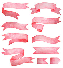 Watercolor set of pink ribbons isolated on white background.