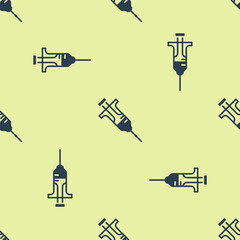 Sticker - Blue Syringe icon isolated seamless pattern on yellow background. Syringe for vaccine, vaccination, injection, flu shot. Medical equipment. Vector