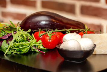 Wall Mural - Eggplant, Tomato and Mozzarella Stacks on plate