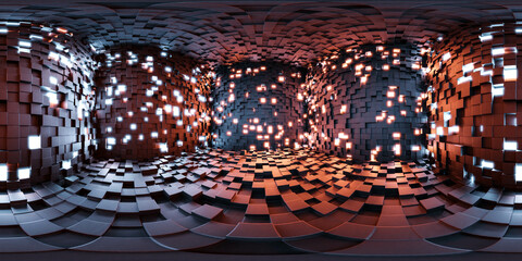 Wall Mural - 360 degree full panorama environment map of future architecture studio with bright led lights and cubic walls. 3d render illustration hdri hdr vr virtual reality