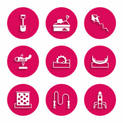 Sticker - Set Ferris wheel, Jump rope, Rocket ship, Boat swing, Climbing wall, Swing plane, Kite and Shovel toy icon. Vector