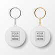 Vector 3d Realistic Blank White Round Keychain with Ring and Chain for Key Isolated on White. Button Badge with Ring Set. Plastic, Metal ID Badge with Chains Key Holder, Design Template, Mockup