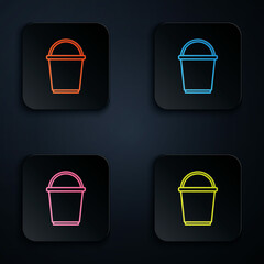 Poster - Color neon line Bucket icon isolated on black background. Set icons in square buttons. Vector