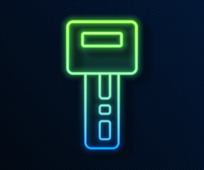 Sticker - Glowing neon line Car key with remote icon isolated on blue background. Car key and alarm system. Vector