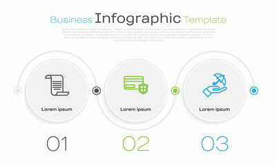 Canvas Print - Set line Document with shield, Credit card and Umbrella in hand. Business infographic template. Vector