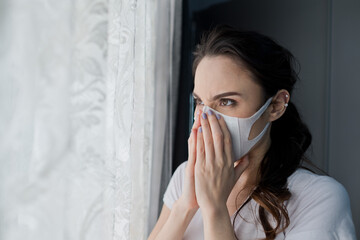 Wall Mural - protective mask, woman wear dust mask, girl was sick, headache, covid-19
