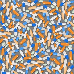 Abstract illustration featuring colorful pharma pills and capsules 