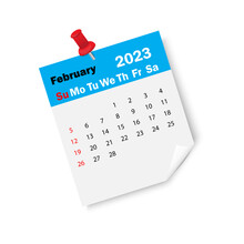 Blue Calendar February 2023 With Pin. Calendar Reminder 2023. Business Plan Schedule. Vector Illustration. Stock Image.