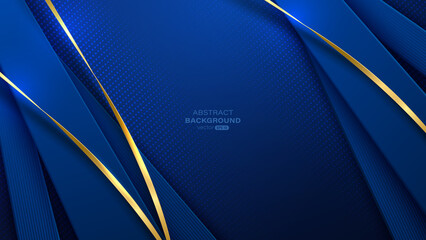 Wall Mural - abstract blue background with dimension layers, lines, and golden ribbon elements