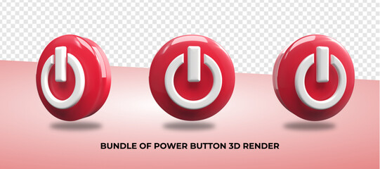 Bundle of 3D Render power button 3d icon png, red color