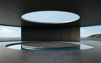 Wall Mural - Round concrete podium empty floor with pool. 3d rendering of abstract exterior space with sea and blue sky background.