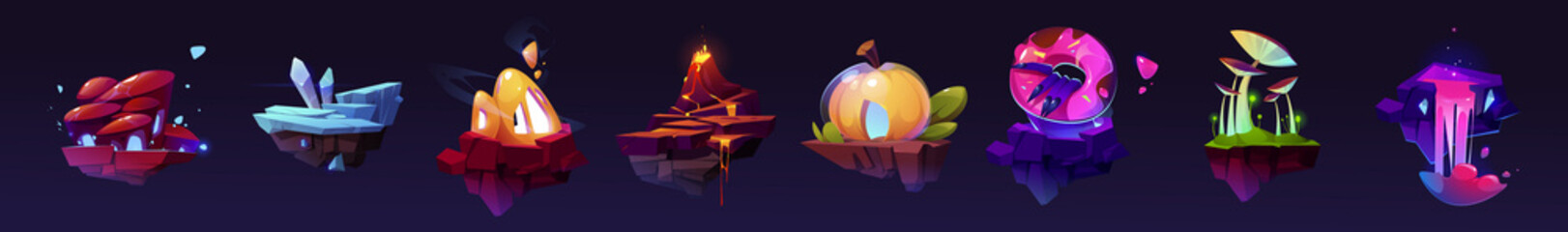 Wall Mural - fantasy flying islands, land platforms for 2d ui game design. vector cartoon set of floating islands