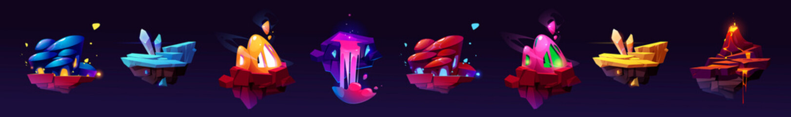 Wall Mural - flying land platforms, fantasy islands for 2d game design. vector cartoon illustration of volcano wi