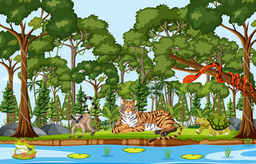 Sticker - Wild animals cartoon characters in the forest scene