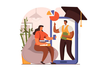 Poster - Online education web concept in flat design. Teacher explains lesson on smartphone screen, woman student are listening webinar, reading books, gain knowledge. Vector illustration with people scene