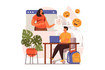 Poster - Online education web concept in flat design. Teacher explains lesson on screen, student listening webinar, takes exams remotely and gets good grades at school. Vector illustration with people scene