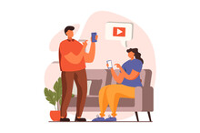 People Sit In Gadgets Web Concept In Flat Design. Man And Woman Browsing Sites, Watching Video Content And Sharing Each Other, Chatting Using Smartphone. Vector Illustration With Characters Scene