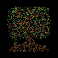 Aufkleber - Old big family tree with roots. Isolated on black background. Concept Art for your design. Design interior ideas.