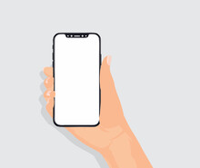 The Hand Is Holding A Cell Phone With A White Screen And White Background.
