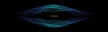 Abstract Wavy Dynamic Blue Light Lines Curve Banner With Space For Text Isolated On Black Background In Concept Technology, Neural Network, Neurology, Science, Music.