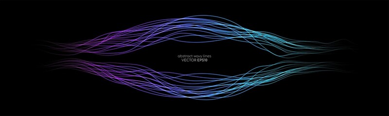 Wall Mural - abstract wavy dynamic blue green light lines curve banner with space for text isolated on black back