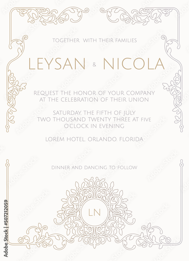 Elegant wedding invitation.Contour ornamental frame and monogram. Card ...