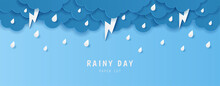 Paper Cut Of Rainy Day Text With Clouds, Rain Drops And Lightning On Blue Background, Copy Space. Vector Illustration