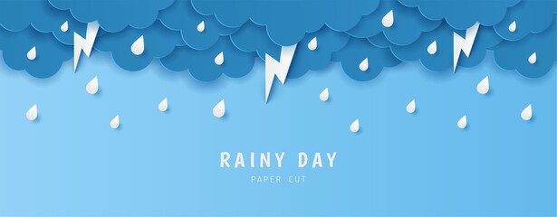 Wall Mural - Paper cut of rainy day text with clouds, rain drops and lightning on blue background, copy space. Vector illustration