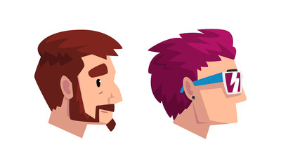 Sticker - Profile Portrait or Head of Male Character with Modern Hipster Hairstyle Vector Set