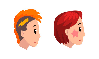 Sticker - Profile Portrait or Head of Male and Female Character with Modern Hipster Hairstyle Vector Set